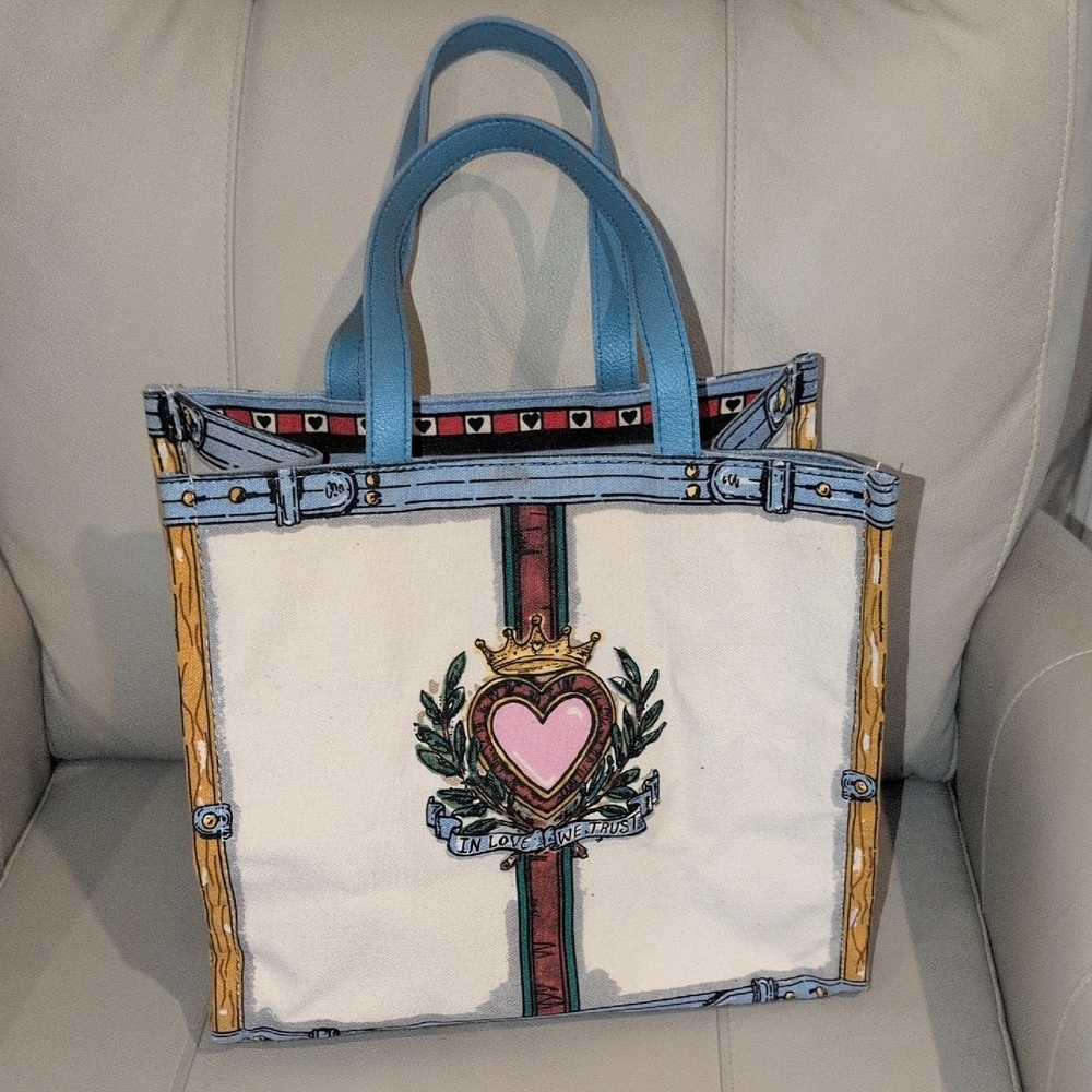 Brighton Blue and Cream Heart Emblem Structured Canvas Tote